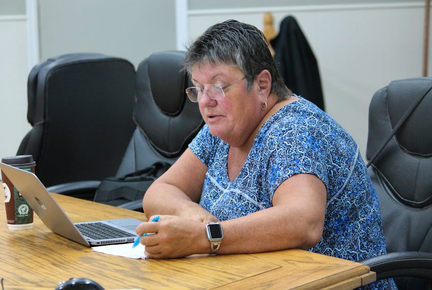 Deputy Mayor Susan Fowlow reads out a permit item at Stephenville town council’s regular general meeting held Thursday. FRANK GALE/THE WESTERN STAR