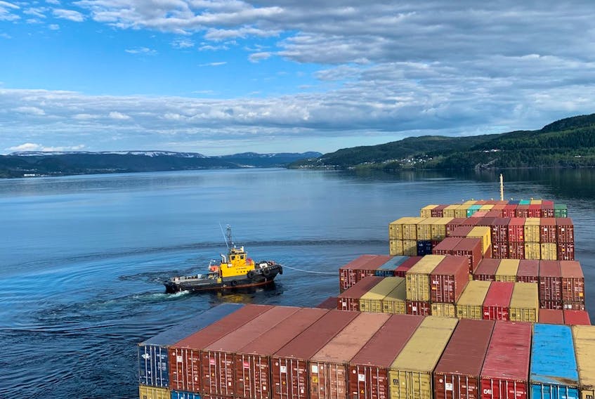 The MSC container ship Don Giovanni left the Port of Corner Brook on Friday morning with 250 containers of paper from Corner Brook Pulp and Paper Limited destined for international markets. The export shipment is the first one for the new container service at the port. Capt. Calv Swift of York Harbour piloted the vessel out of the port and stayed with it until it got somewhere between Benoit’s Cove and Frenchman’s Cove. - Contributed by Capt. Calv Swift