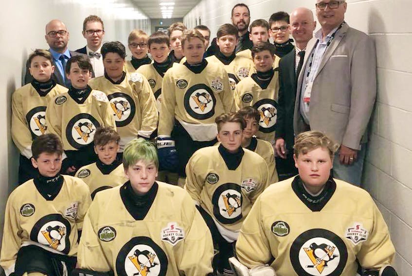 Humboldt, Sask. Mayor Rob Muench had his photo taken with members of the North Nova Penguins hockey club while attending the Federation of Canadian Municipalities annual conference in Halifax last weekend. The Penguins, a youth hockey team of 10 to 12-year-olds, were wearing decals and crests honouring the Humboldt Broncos.