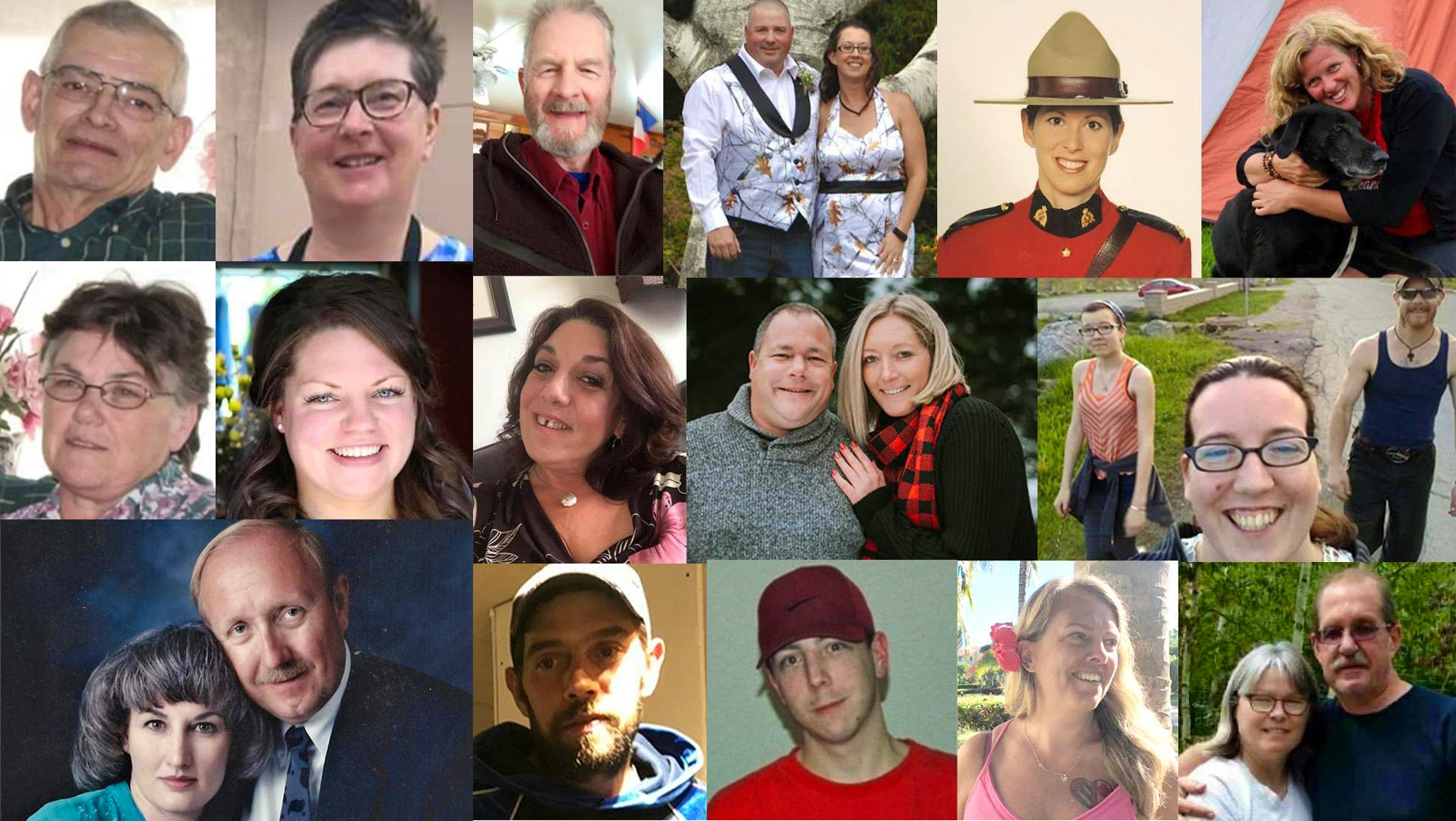 The 22 victims of a mass shooting in Nova Scotia on April 18 and 19, 2020. From left to right: Top row: Peter Bond, Lillian Campbell, Tom Bagley, Greg and Jamie Blair, Const. Heidi Stevenson and Lisa McCully. Middle row: Joy Bond, Kristen Beaton, Heather O'Brien, Sean McLeod, Alanna Jenkins, Emily Tuck, Jolene Oliver and Aaron (Friar) Tuck. Bottom row: Joanne Thomas, John Zahl, Joey Webber, Corrie Ellison, Gina Goulet and Dawn and Frank Gulenchyn.