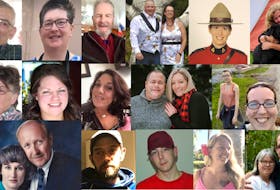 The 22 victims of a mass shooting in Nova Scotia on April 18 and 19, 2020. From left to right: Top row: Peter Bond, Lillian Campbell, Tom Bagley, Greg and Jamie Blair, Const. Heidi Stevenson and Lisa McCully. Middle row: Joy Bond, Kristen Beaton, Heather O'Brien, Sean McLeod, Alanna Jenkins, Emily Tuck, Jolene Oliver and Aaron (Friar) Tuck. Bottom row: Joanne Thomas, John Zahl, Joey Webber, Corrie Ellison, Gina Goulet and Dawn and Frank Gulenchyn.