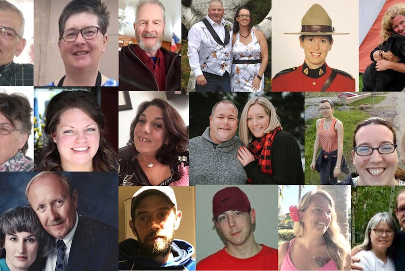 The 22 victims of a mass shooting in Nova Scotia on April 18 and 19, 2020. From left to right: Top row: Peter Bond, Lillian Hyslop, Tom Bagley, Greg and Jamie Blair, Const. Heidi Stevenson and Lisa McCully. Middle row: Joy Bond, Kristen Beaton, Heather O'Brien, Sean McLeod, Alanna Jenkins, Emily Tuck, Jolene Oliver and Aaron (Friar) Tuck. Bottom row: Joanne Thomas, John Zahl, Joey Webber, Corrie Ellison, Gina Goulet and Dawn and Frank Gulenchyn.