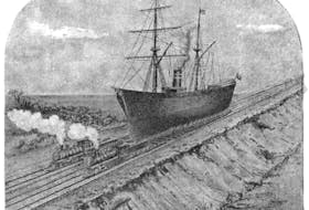 Rail transit of a ship on an envisioned canal line between the Bay of Fundy and Gulf of St. Lawrence.