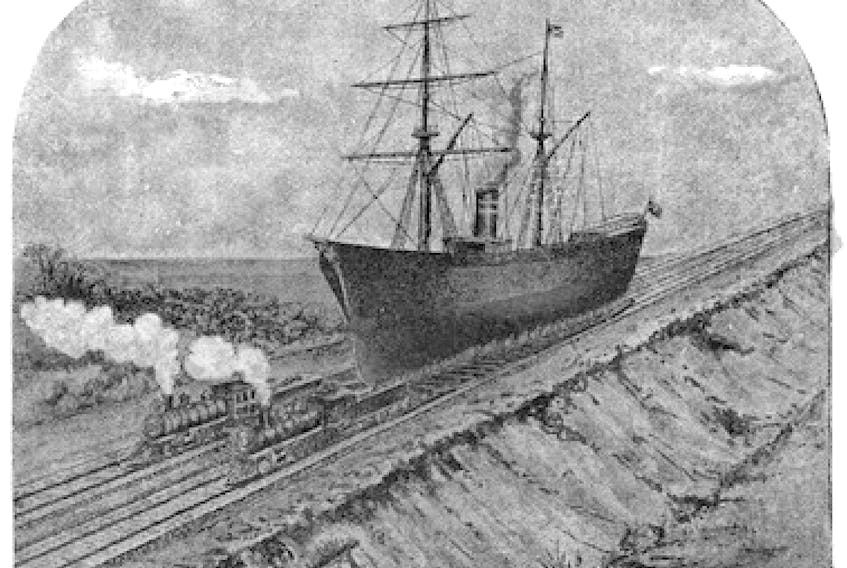 Rail transit of a ship on an envisioned canal line between the Bay of Fundy and Gulf of St. Lawrence.