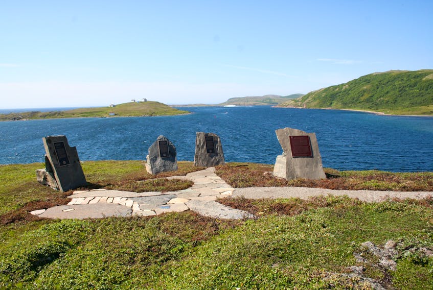 The Red Bay National Historic Site’s World Heritage plaques overlook Saddle Island and the harbour of Red Bay.