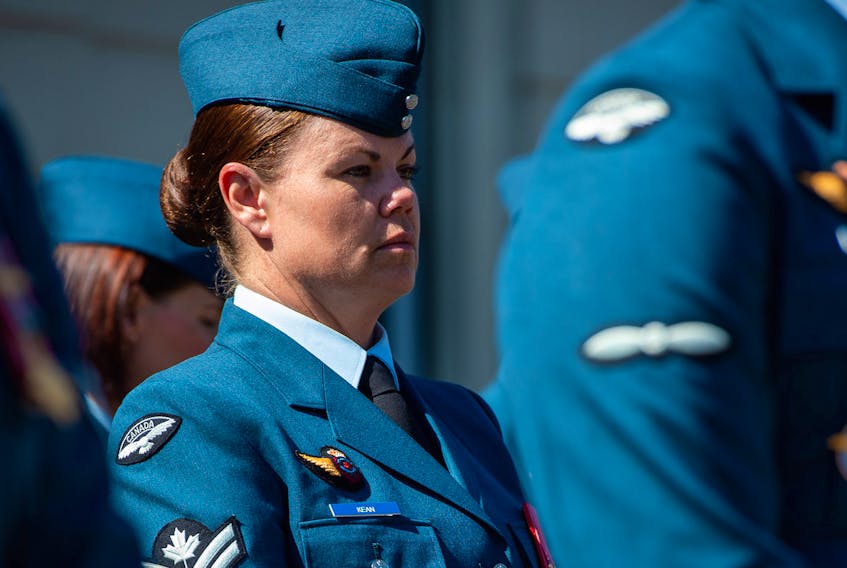 Master Cpl. Cathy Kean at Wellington Barracks on 25 June, 2018, moments before the Royal Canadian Air Force Public Duties contingent marches towards Buckingham Palace to mount guard for Her Majesty the Queen for the first time in the RCAF's 94-year history. - DND, Master Cpl. William Boucher