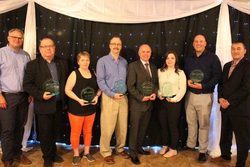 LINDY SPENCER PHOTO
Recreation NL Award winners, from left, Michael Cleland, president, Canadian Parks and Recreation Association; Gary Bishop, mayor of Pasadena, Active Communities Award; Janet Budden, Volunteer of the Year; Dave Woolridge, NL Shooting Association, Bridging the Gap Award; Sean McKenna, Cy Hoskins Memorial Award of Merit; Madison Collins, Teen Challenge Youth Leadership Award; Scott Martin, accepting Volunteer Group of the Year Award on behalf of Torbay Lions Club; And RNL President, Gerry Hall.