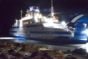 The MV Qajaq W arrived in the Strait of Belle Isle for two crossings on Sunday, Jan. 27. Pictured is the ferry arriving in Blanc Sablon for the first time.