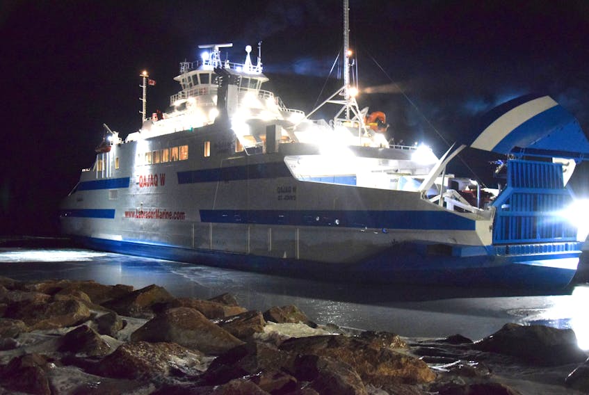 The MV Qajaq W arrived in the Strait of Belle Isle for two crossings on Sunday, Jan. 27. Pictured is the ferry arriving in Blanc Sablon for the first time.