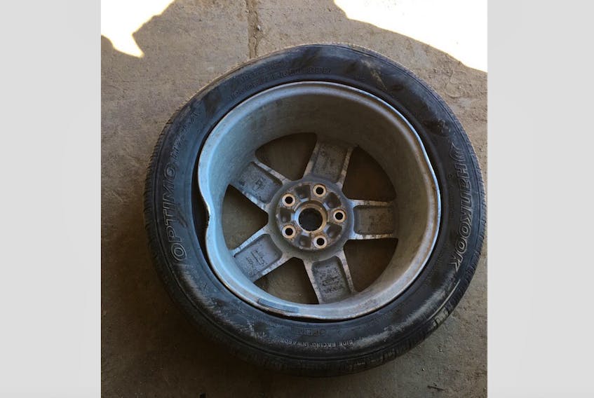 Barry James Buckle recently busted a tire and broke a rim on the highway in Forteau, common on the Trans-Labrador Highway this time of year.