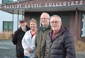 St. Anthony Basin Resources Inc. will be demolishing the abandoned Harriot Curtis Collegiate school to construct seniors housing on the land. Left to right are members of the SABRI board, in front of the school: first vice chair Paul Dunphy, treasurer Dale Colbourne, executive director Sam Elliott and chairperson Wayne Noel.