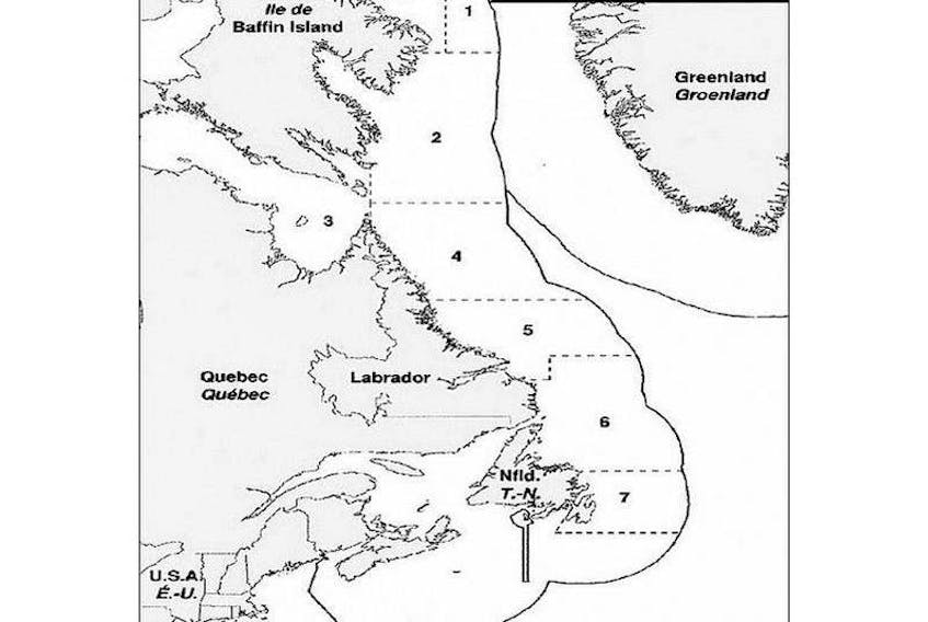 Numbered shrimp fishing areas are shown in this graphic taken from the Department of Fisheries and Oceans website.