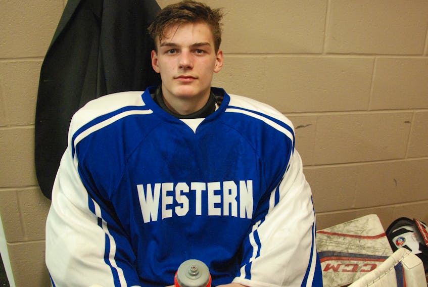 Lucas Wiseman, 15, of St. Anthony is playing in net for the Western Kings in Corner Brook.