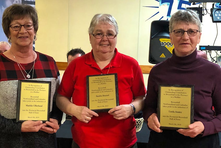 From left, Maddie Ollerhead, Sandra Sinyard and Linda Anstey were inducted into the provincial Broomball Hall of Fame earlier this month. The honour comes to each of the three women in recognition of outstanding contribution to broomball in the province as a builder.