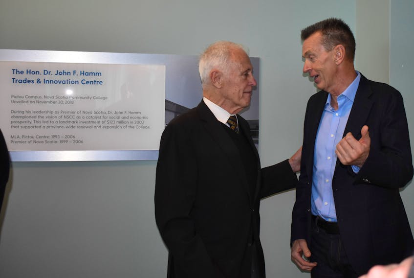 Former Premier Dr. John Hamm speaks with former NSCC President Ray Ivany following the announcement that the NSCC Pictou Campus in Stellarton would be naming it's new Trades and Innovation Centre in honour of Hamm. In 2003 Hamm was premier and Ivany was NSCC president. That year the province announced it would invest $123 million into the NSCC.