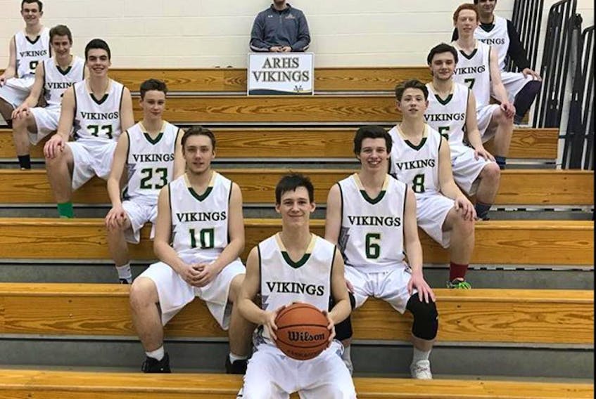 The ARHS Vikings are in King’s-Edgehill for the NSSAF Division 2 boy’s basketball championship tournament. Members of the team include: (from left) Braden Taylor, Caleb van Vulpen, Aidan Devine, Keagan Chitty, Brady Crowe, Sam LeBlanc, Jacob Harnish, Frank Bacon, Chris McCarthy, Justin Milner and Nabil Mohamad. The teach is coached by Thomas Skabar. Missing are coaches Ryan Thompson and Jason Morse.