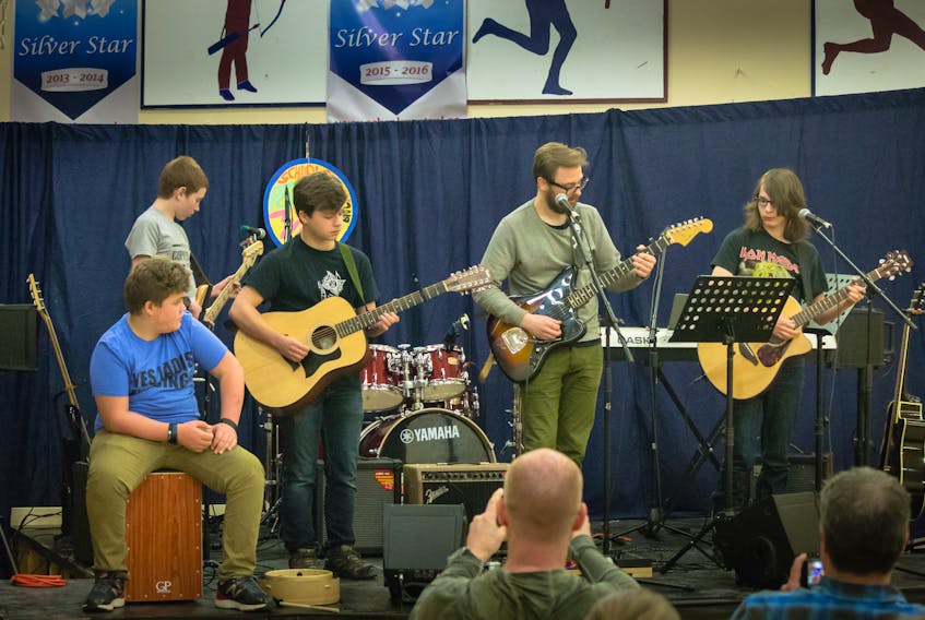 Copper Ridge Academy’s "Edgedancer" performed original music written by Ben Pope and Aiden Parsons at SchoolStock 2018. Left to right are: Sam Pope, Zachary Parsons, Ben Pope, Mr. Clarke and Aiden Parsons