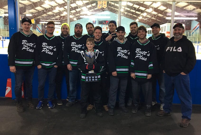 The Butts Plus team members who competed in the 33rd annual St. Patrick's Day hockey tournament in Springdale included, from left: Josh Butt, JonButt, Peter Butt, Russell Hill, Mike Warren, Jeff Tucker, Jordan Paterson, Steven Noseworthy, Jim Locke, Noah Butt, Matt Bowers, coach Melvin Butt and (front) Jack Saunders.