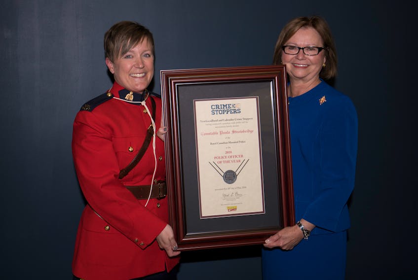 Const. Paula Strowbridge, left, of Springdale was named the 2018 Newfoundland and Labrador Crime Stoppers Police Officer of the Year. She is pictured here with Judy Foote, Lieut. Gov. of Newfoundland and Labrador.