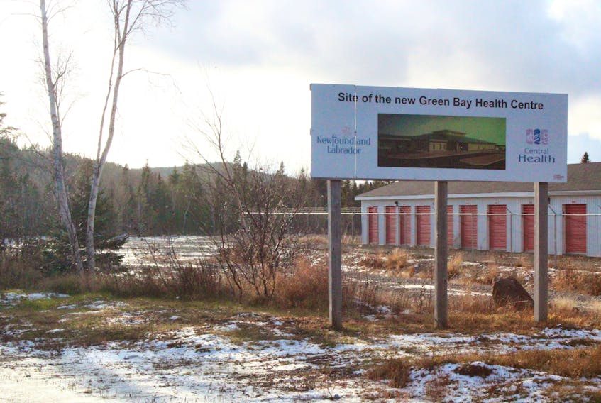 A sign erected in 2015 identifies the site of the eventual new Green Bay Health Centre in Springdale.