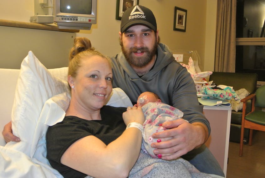 Pam LeBlanc and Jesse Dowe show off their new daughter Anna Jade LeBlanc-Dowe, who was born at 5:21 p.m. on Thursday, Jan. 2 – making her the first baby born in 2020 at the Cumberland Regional Health Care Centre. Darrell Cole – Amherst News