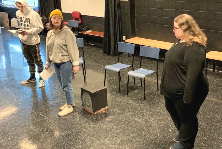 From left, Keegan Pike, Morgan Winter and Heather Power rehearse for their upcoming show, "You Know the Old Slaying," opening at the Barbara Barrett Theatre on Jan. 15. CONTRIBUTED PHOTO