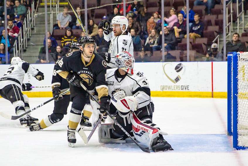 Newfoundland Growlers forward Brady Ferguson (22), shown in this file photo, has registered three points in two straight ECHL road games, including Wednesday night when he had a goal and two assists in a 5-1 win over the Manchester Monarchs. — Newfoundland Growlers photo/Joe Chase