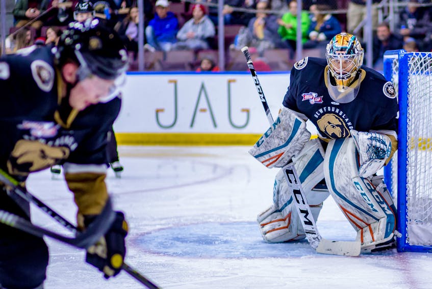 Goaltender Parker Gahagen made 34 saves in recording his second win of the weekend and his first professional shutout as the Newfoundland Growlers blanked the Maine Mariners 2-0 in Portland, Me., on Sunday. The result extended the Growlers’ winning streak to nine games, the longest in the ECHL this season. — Newfoundland Growlers file photo/Jeff Parsons
