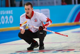 Canadian skip Nathan Young of Torbay follows one of his shots during his rink’s game against Russia on Friday, the opening day of play at the 2020 World Youth Olympic Winter Games in Lausanne, Switzerland —  Alina Pavlyuchik/WCF via Twitter/Curling Canada