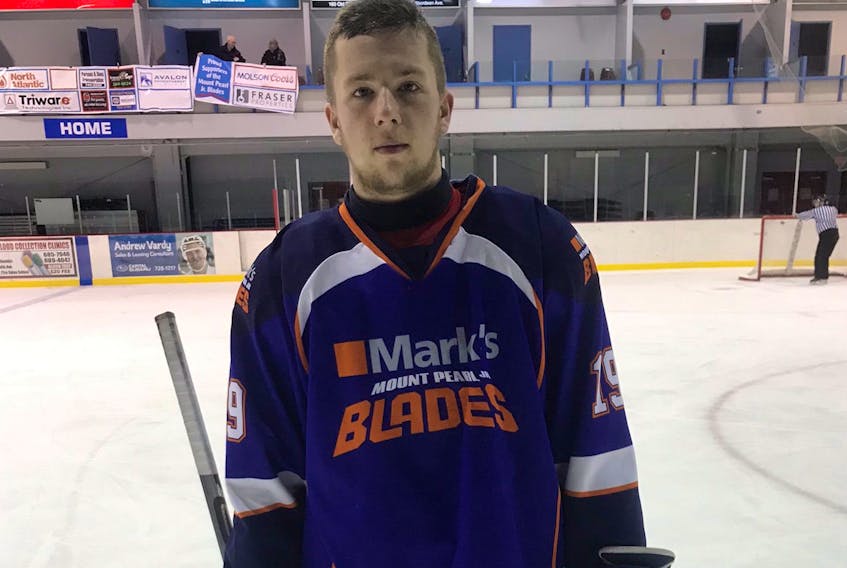 Nicholas French had a hat trick to lead the Mount Pearl Blades to a 9-1 win over the Southern Shore Breakers in St. John's Junior Hockey League play Sunday night at the Glacier in Mount Pearl. — Submitted/Twitter