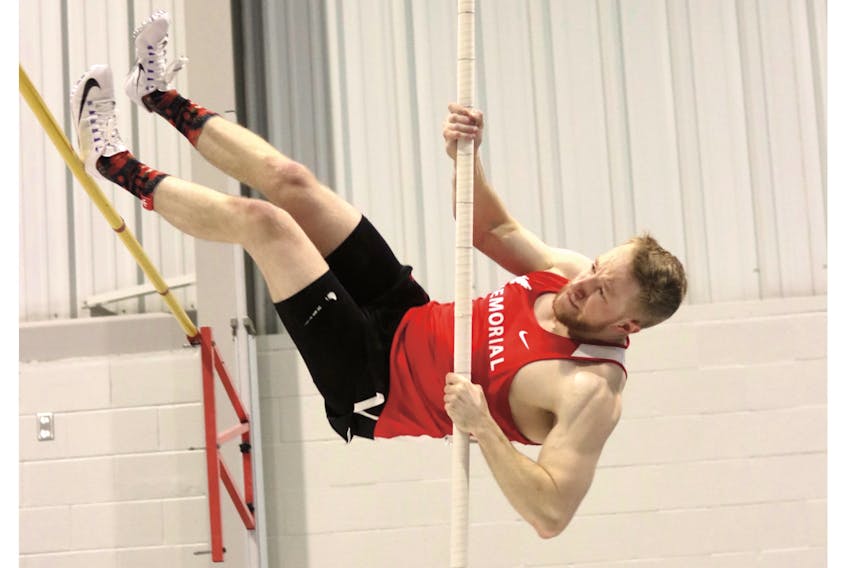 The Memorial Se-Hawks' Nick Pike goes up and over in winning a bronze medal in the men's pole vault at the Atlantic University Sport track and field championships in Saint John, N.B., over the weekend. — AUS via Memorial Athletics