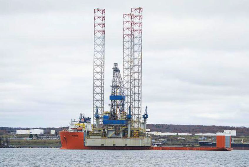 The Noble Regina Allen jack-up drilling rig arrived in Halifax Harbour in Nov. 2017 aboard the semi-submersible heavy lift ship Forte.