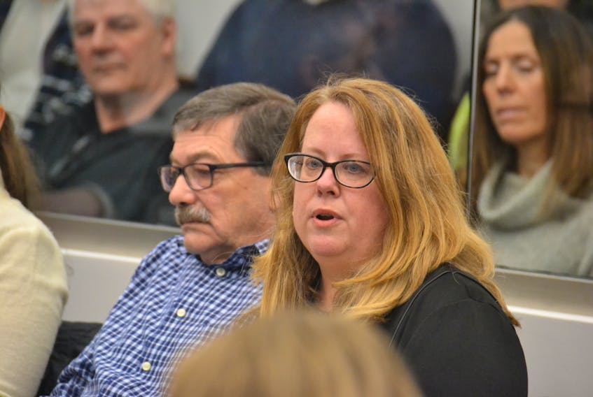 Jill Graham-Scanlan, right, who is with Friends of the Northumberland Strait, and Dennis McGee with the Northumberland Fishermen’s Association present their concerns to P.E.I. MLAs about a proposed Northern Pulp effluent pipeline.
