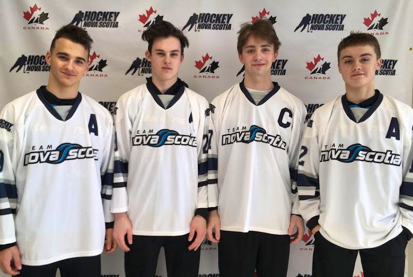 Nova Scotians, from left, Luke Vardy, Cam MacDonald, Cameron Whynot and Riley Kidney are all top prospects for Saturday’s QMJHL draft in Quebec City. They are shown in their Canada Games uniforms.