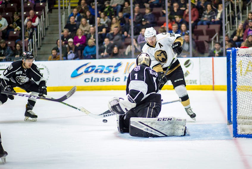 After missing four games, Newfoundland Growlers leading scorer Zach O’Brien (10) returned to action against goalie Charles Williams and the Manchester Monarchs for a pair of ECHL contests over the weekend. O’Brien and linemates Brady Ferguson and Marcus Power produced five of the Growlers’ nine goals as they closed out the regular season home schedule with 4-2 and 5-2 victories.
