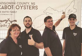 The Mattie family, from left, Ann Marie, Matthew, Hugh and Stephen of Cabot Oysters. After Hugh’s passing in 2016, family members carried on the business and moved from bottom culture to floating aquaculture.