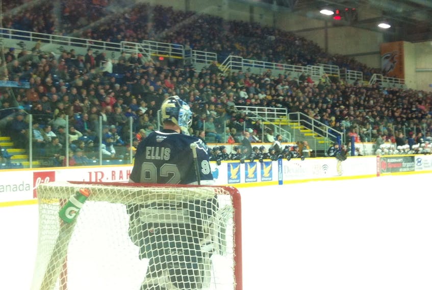 Cape Breton native and Rimouski Océanic goalie Colten Ellis stands in his net during first period action before a sellout crowd of 4,906 at Centre 200 on Saturday. Along with seeing Ellis, the big crowd turned out to catch a glimpse of Alexis Lafreniere's first and only regular season visit of the season to Sydney. The got the best of both worlds as their Cape Breton Eagles shut down Lafreniere and defeated the Océanic 4-2.