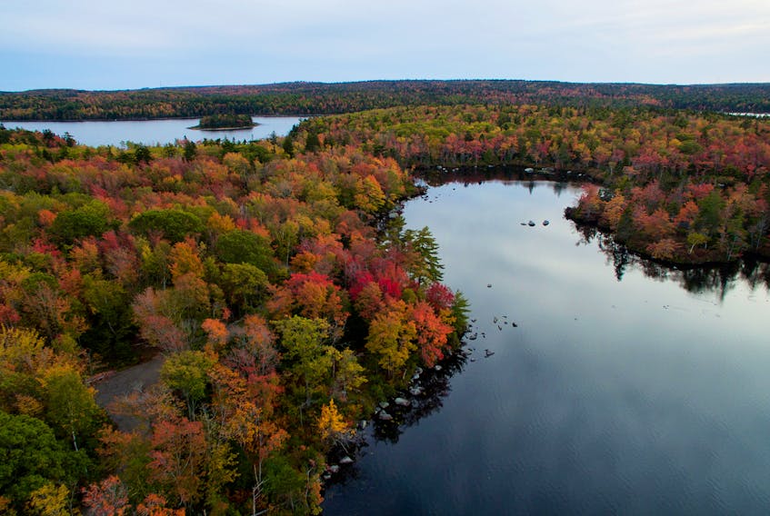 Regardless of where you live in Atlantic Canada, you don’t have to travel very far to find stunning vistas like this one.  Wednesday evening, after the wind dropped off and before the sun dipped below the horizon, Mike Harvey set out with his drone to capture the spectacular colours of the fall foliage.  He didn’t have to go far: this in Long Lake Park, a short 15-minute drive from downtown Halifax. There are always lots of good reasons to visit this lovely park in Spryfield N.S.; this weekend, it might be to check out those stunning colours! 
Thanks for the bird’s eye view Mike.