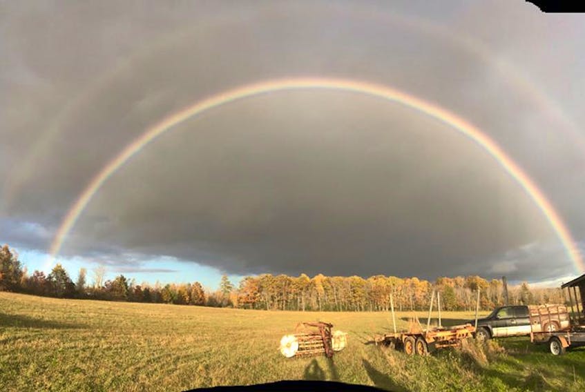 A rainbow in the morning gives you fair warning; a rainbow at night is a shepherd’s delight.    
There was just enough instability in the air late Saturday to trigger pockets of light showers.  Lori Smith was taking care of some chores at the farm near Walton NS when she looked up and spotted this stunning double rainbow.  In many cultures, a double rainbow is considered a symbol of transformation and is a sign of good fortune.