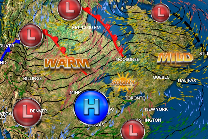 This weather systems map shows Friday’s midday positions of the highs, lows and fronts across North America.