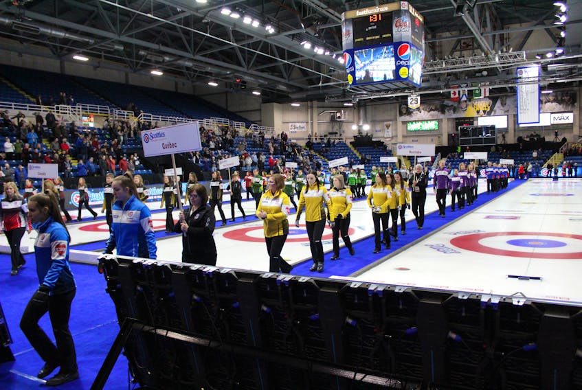 Sixteen women's teams will compete for the Scotties Tournament of Hearts trophy during competition this week in Sydney. Shown are teams making their way off the ice following Saturday’s opening ceremonies in Sydney.