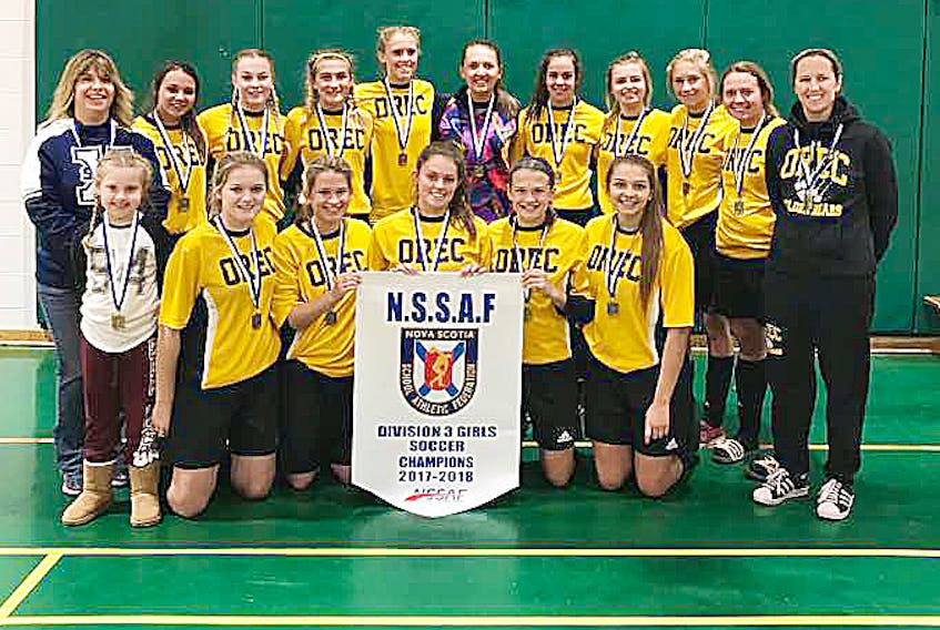 The Oxford Regional Education Centre Golden Bears won the NSSAF Division 3 Girls Soccer Championship in Lockeport over the weekend. Members include: (front, from left): Mascot Presley Rushton, Courtney Patriquin, Mackenzie Mattinson, Bethany Warwick, Taylor Mattinson, Ashley Wheaton, (back, from left) Coach Crystal Rushton, Maddy Bragg, Lydia Wood, Railyn Cann, Brianna Warwick, Emma Galbraith, Katy Baker, Hilary Rushton, Kelsy White, Jazmine Epton and Coach Shannon Hanna. Missing are: Natalie Wood and Katelyn Colborne