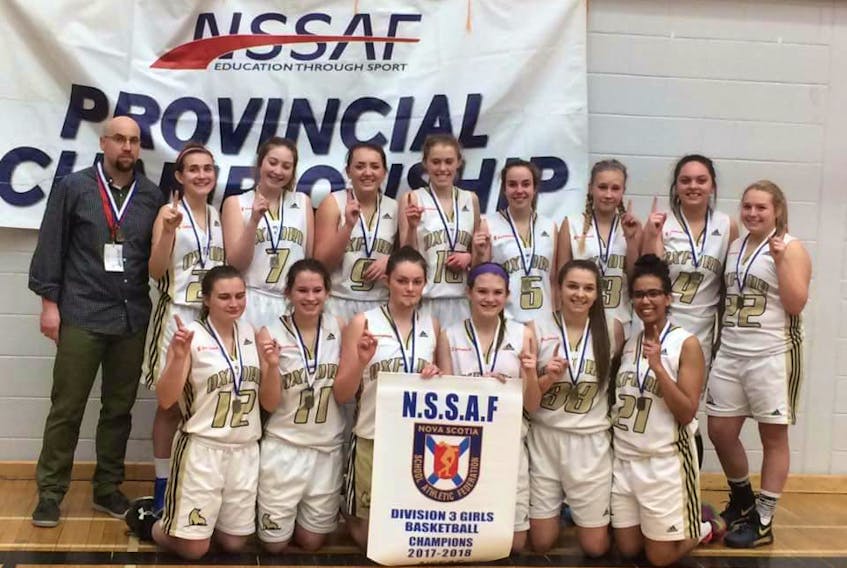The Oxford Regional Education Centre Golden Bears won the NSSAF Division 3 girl’s basketball championship. Members of the team include: (front, from left) Natalie Wood, Mackenzie Mattinson, Bethany Warwick, Taylor Mattinson, Ashley Wheaton, Keyonna Stevens, (back, from left) coach Deane Smith, Railyn Cann, Paige Oickle, Emma Galbraith, Brianna Warwick, Katie Baker, Kelsy White, Gracie Woodland and Jazmine Epton.