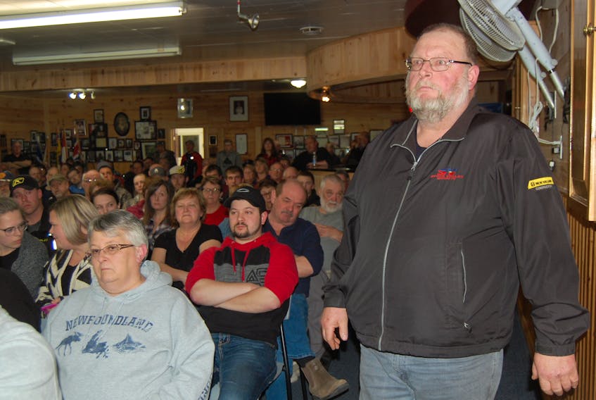 Clyde Oldford makes a heartfelt speech during the meeting to protest clearcutting in the Port Blandford area.