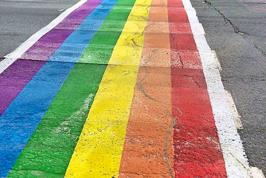 A rainbow crosswalk in St. Johns.