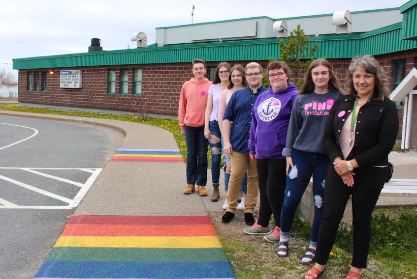 From left to right, are Cody Cuff, Kelsey Goodwin, Aliyah Beck, Mitchell White, Brianna Leonard, Kallie Best, and Sandi Baker, guidance counsellor.  Missing from photo is Theresa Caul, Megan Foote, and Naomi Flint.