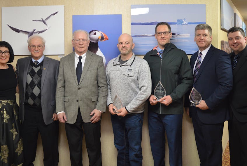 Recipients of the Clarenville and Area Chamber of Commerce business awards for 2019 are (left to right): Kay Warren and Ern Warren of Steers Insurance, Hall of Fame; retired businessman Stanley Fleming, former owner of Handy Andy, Hall of Fame; Craig Haines of Craig’s Locksmithing and Autoglass, Small Business of the Year; Ryan Power of Power to Hope, Corwin Mills Community Cares Award; and Greg Pittman, Joe Twyne of Mills, Pittman and Twyne Law Offices, Business of the Year.
