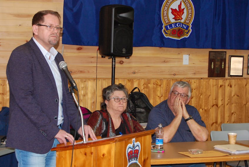 Terra Nova MHA Colin Holloway at the Port Blandford clearcutting concerned citizens meeting last month. The committee has planned another meeting to relay info to citizens this Thursday, March 8, at 7 p.m. in the Port Blandford Legion.