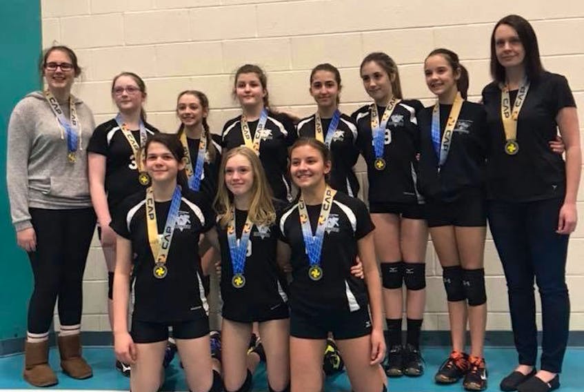 Members of the Tricentia team are, front row (left to right): Madison Bolt, Destiny Collins and McKenna Smith; and back row: Bailie Bolt, Emily Parsons, Carley Beck, Kaitlyn Hobbs, Madison Drodge, Alexa Curran, Madison Mulrooney and coach Melissa Penney.