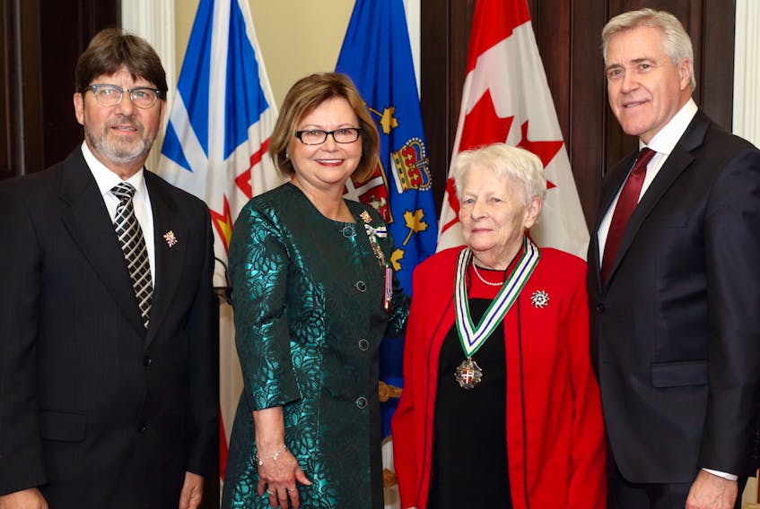 Cassandra E. Ivany of Clarenville is a recipient of the Order of Newfoundland and Labrador. Pictured, from left, are Harold Foote, Lt.-Gov. Judy Foote, Ivany and Premier Dwight Ball.